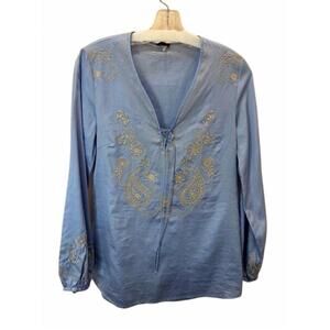 NEW 6 BY SIX women embroidered paisley blouse in sky blue/beige